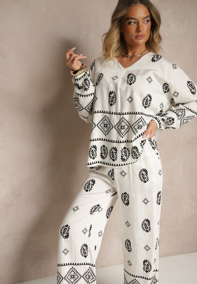 j&x Compleu Alb-Negru în Stil Etno Pantaloni cu Talie Elastică și Bluză Oversize Eviralyn