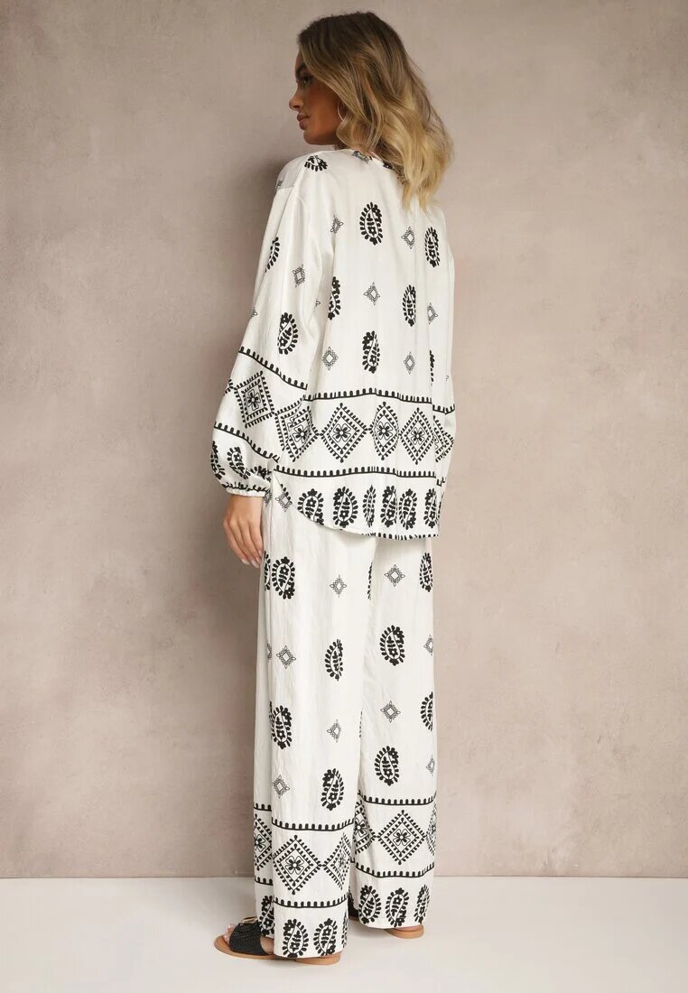 j&x Compleu Alb-Negru în Stil Etno Pantaloni cu Talie Elastică și Bluză Oversize Eviralyn