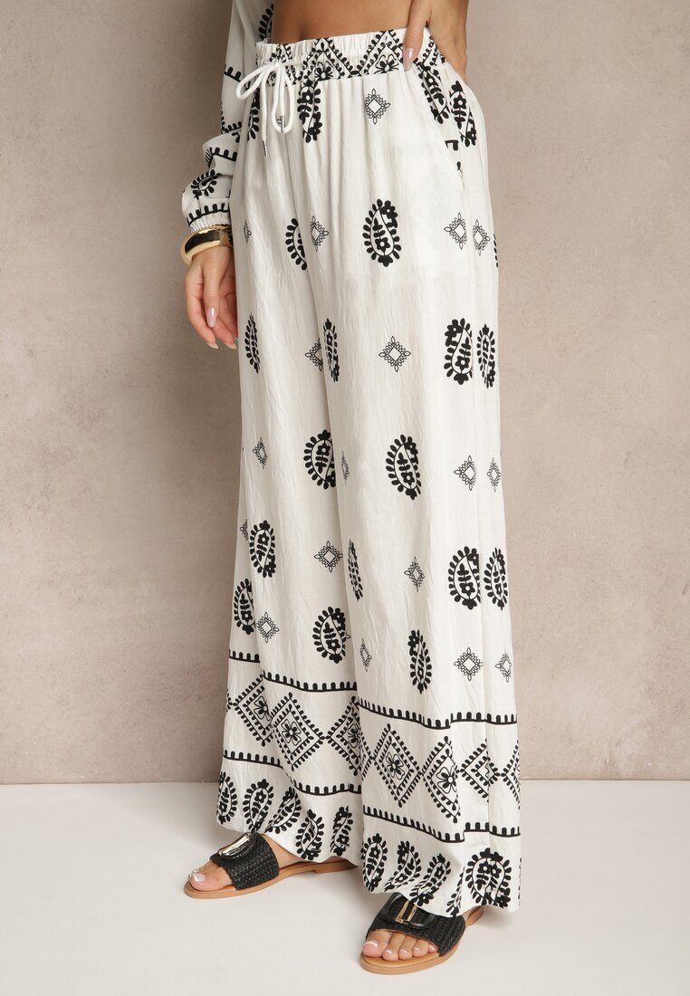 j&x Compleu Alb-Negru în Stil Etno Pantaloni cu Talie Elastică și Bluză Oversize Eviralyn