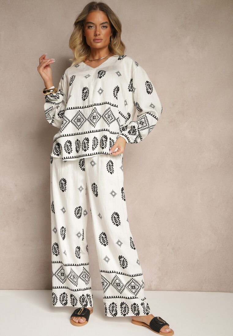 j&x Compleu Alb-Negru în Stil Etno Pantaloni cu Talie Elastică și Bluză Oversize Eviralyn