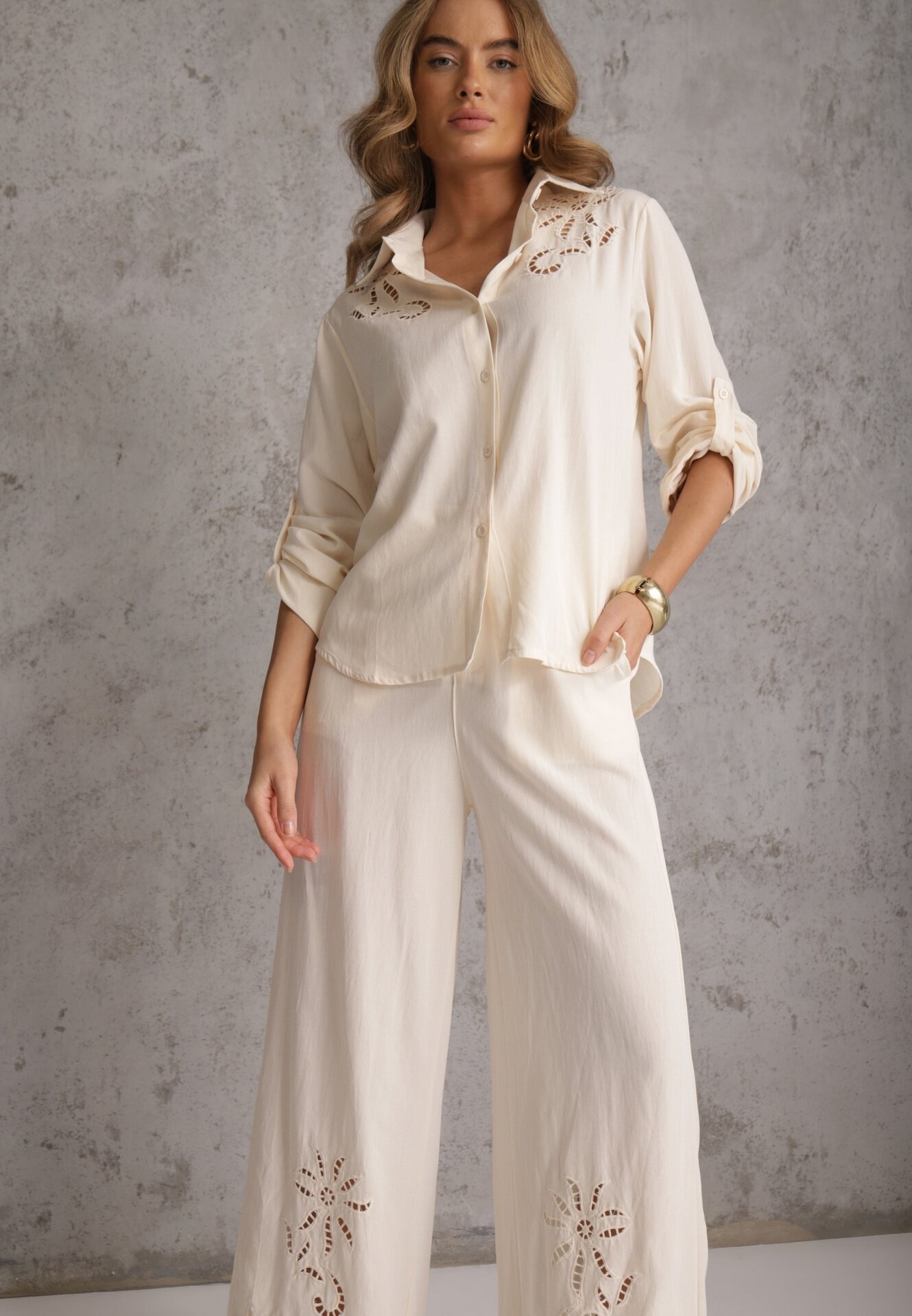j&x Compleu Bej Boho din Bumbac Cămașă și Pantaloni cu Detalii Ajurate Runesa