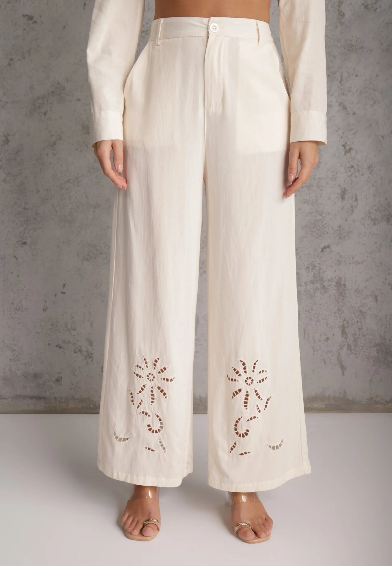 j&x Compleu Bej Boho din Bumbac Cămașă și Pantaloni cu Detalii Ajurate Runesa