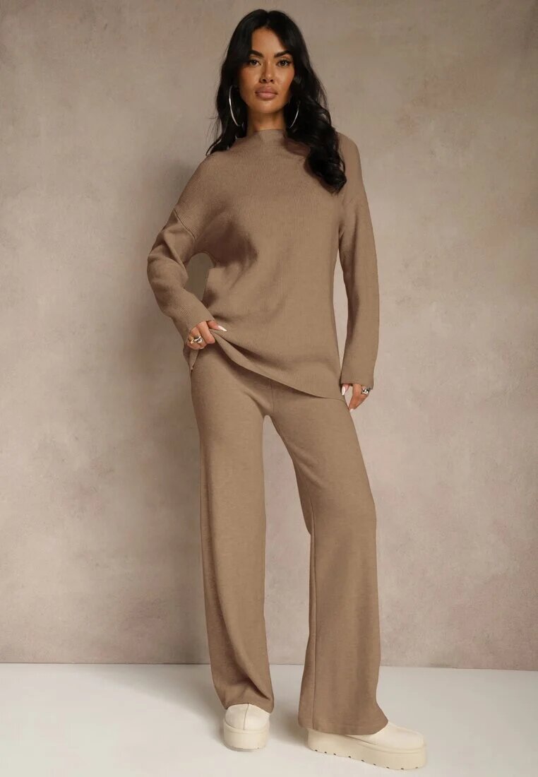 j&x Compleu Bej închis cu lână și bumbac Pantaloni largi și Pulover lung Reilissa