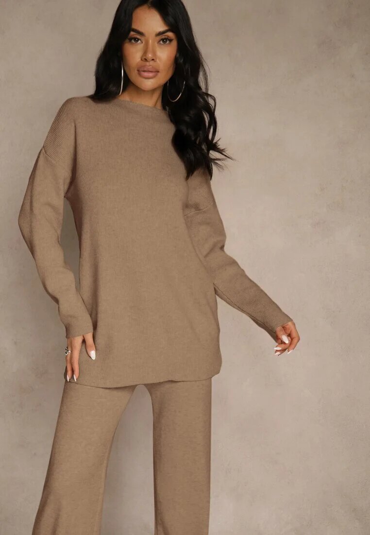 j&x Compleu Bej închis cu lână și bumbac Pantaloni largi și Pulover lung Reilissa