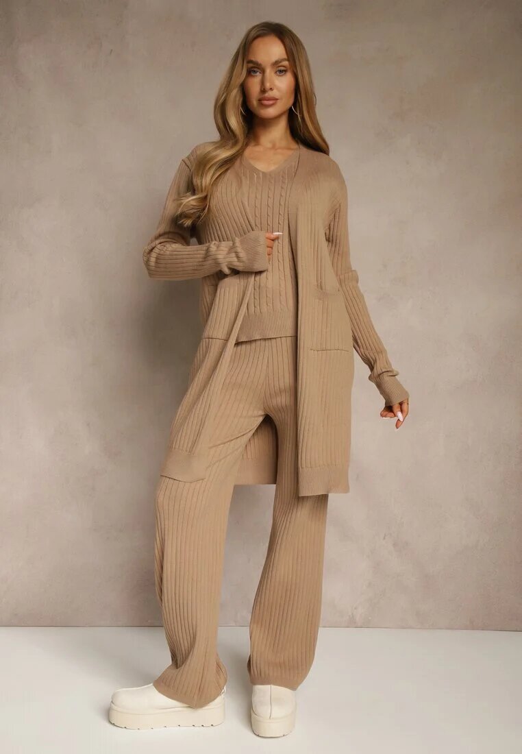 j&x Compleu Bej închis din tricot cu bumbac Pantaloni Vestă și Lung Cardigan Mevalinia