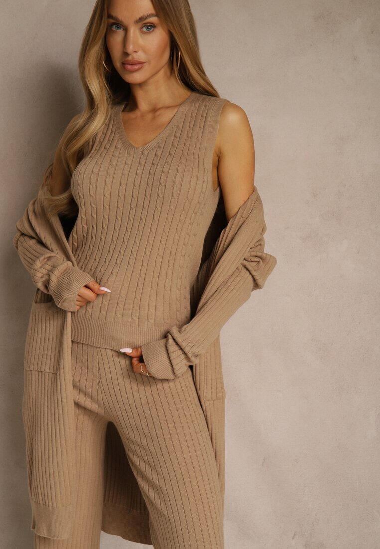 j&x Compleu Bej închis din tricot cu bumbac Pantaloni Vestă și Lung Cardigan Mevalinia