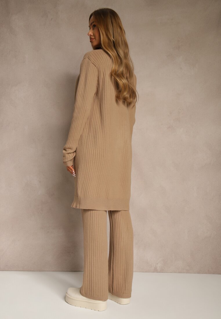 j&x Compleu Bej închis din tricot cu bumbac Pantaloni Vestă și Lung Cardigan Mevalinia