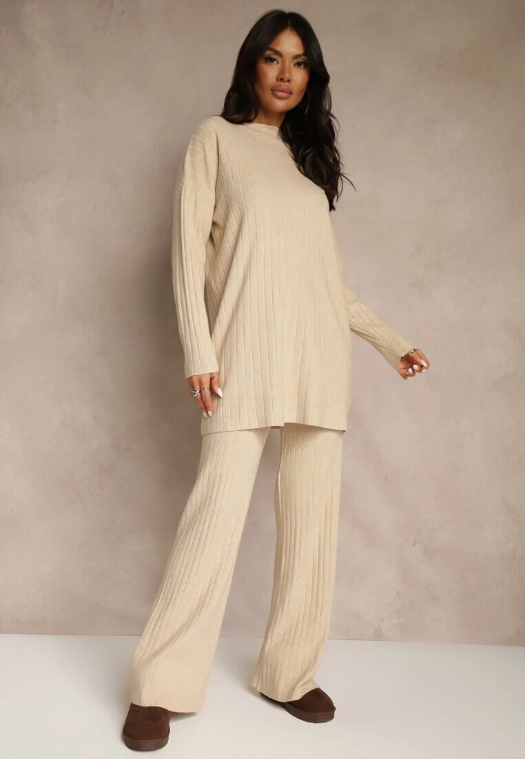 j&x Compleu Bej Reiat cu Bumbac Pulover Oversize și Pantaloni Largi Wedorena