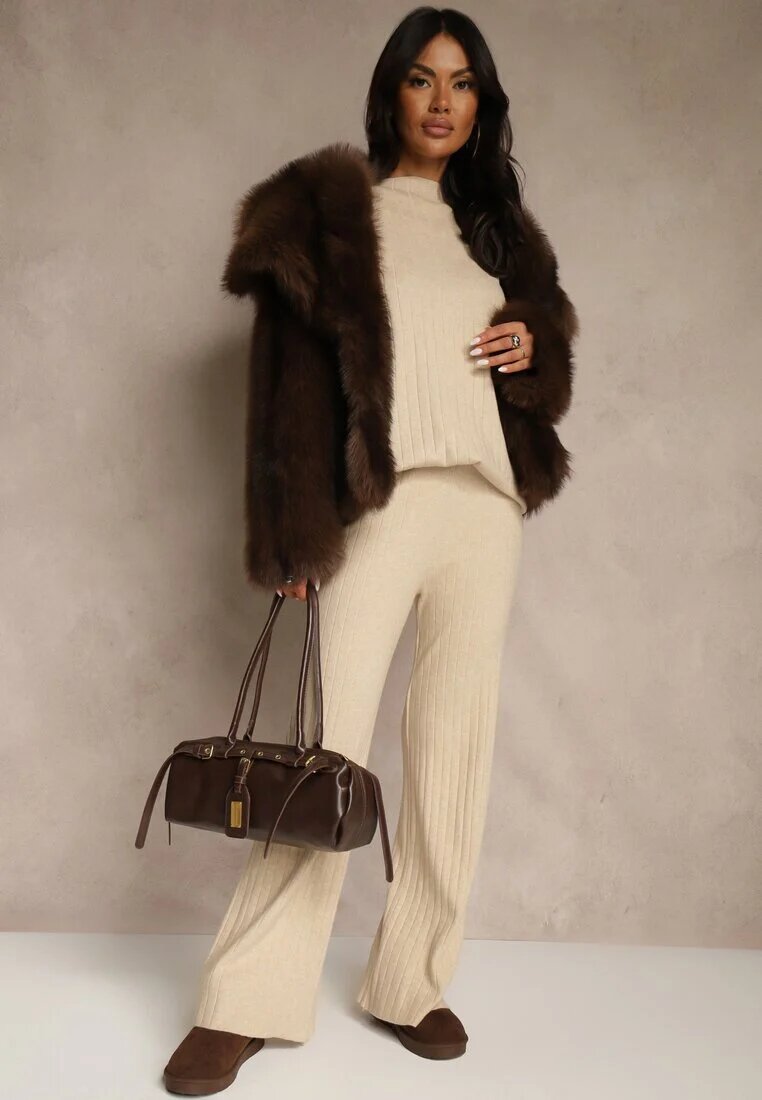 j&x Compleu Bej Reiat cu Bumbac Pulover Oversize și Pantaloni Largi Wedorena