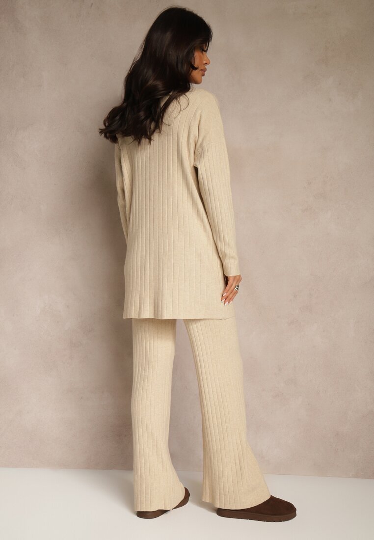 j&x Compleu Bej Reiat cu Bumbac Pulover Oversize și Pantaloni Largi Wedorena