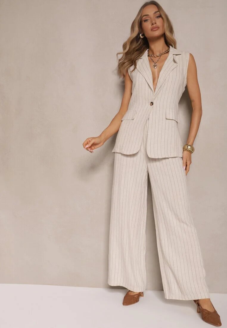 j&x Compleu Bej Reiat cu vâscoză în stil costum Vestă și Pantaloni Saralisse