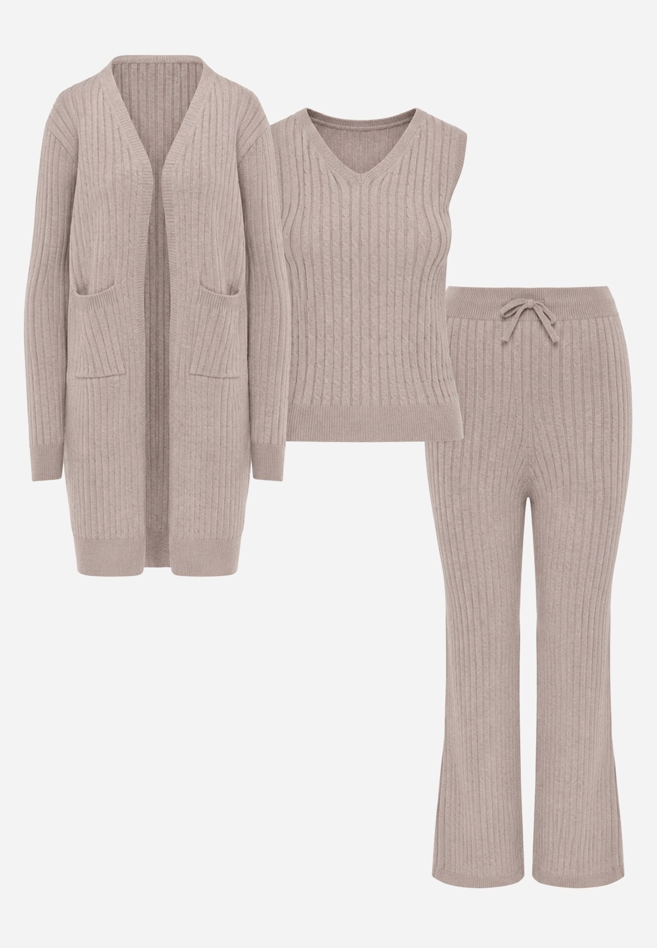 j&x Compleu din 3 piese din tricot cu bumbac: vestă cardigan și pantaloni Nordelia Bej deschis