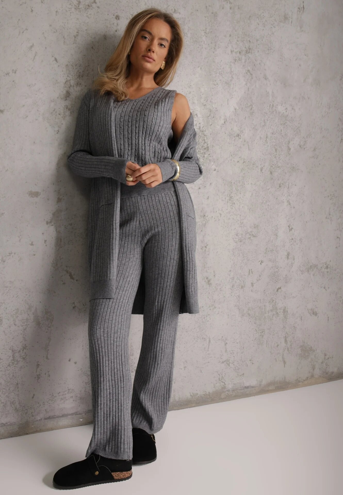 j&x Compleu din 3 piese din tricot cu bumbac: vestă cardigan și pantaloni Nordelia Gri