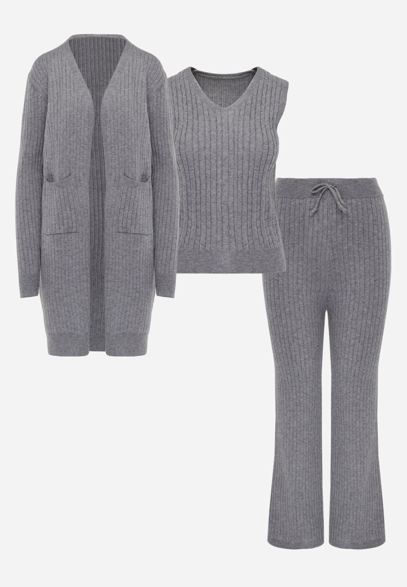 j&x Compleu din 3 piese din tricot cu bumbac: vestă cardigan și pantaloni Nordelia Gri
