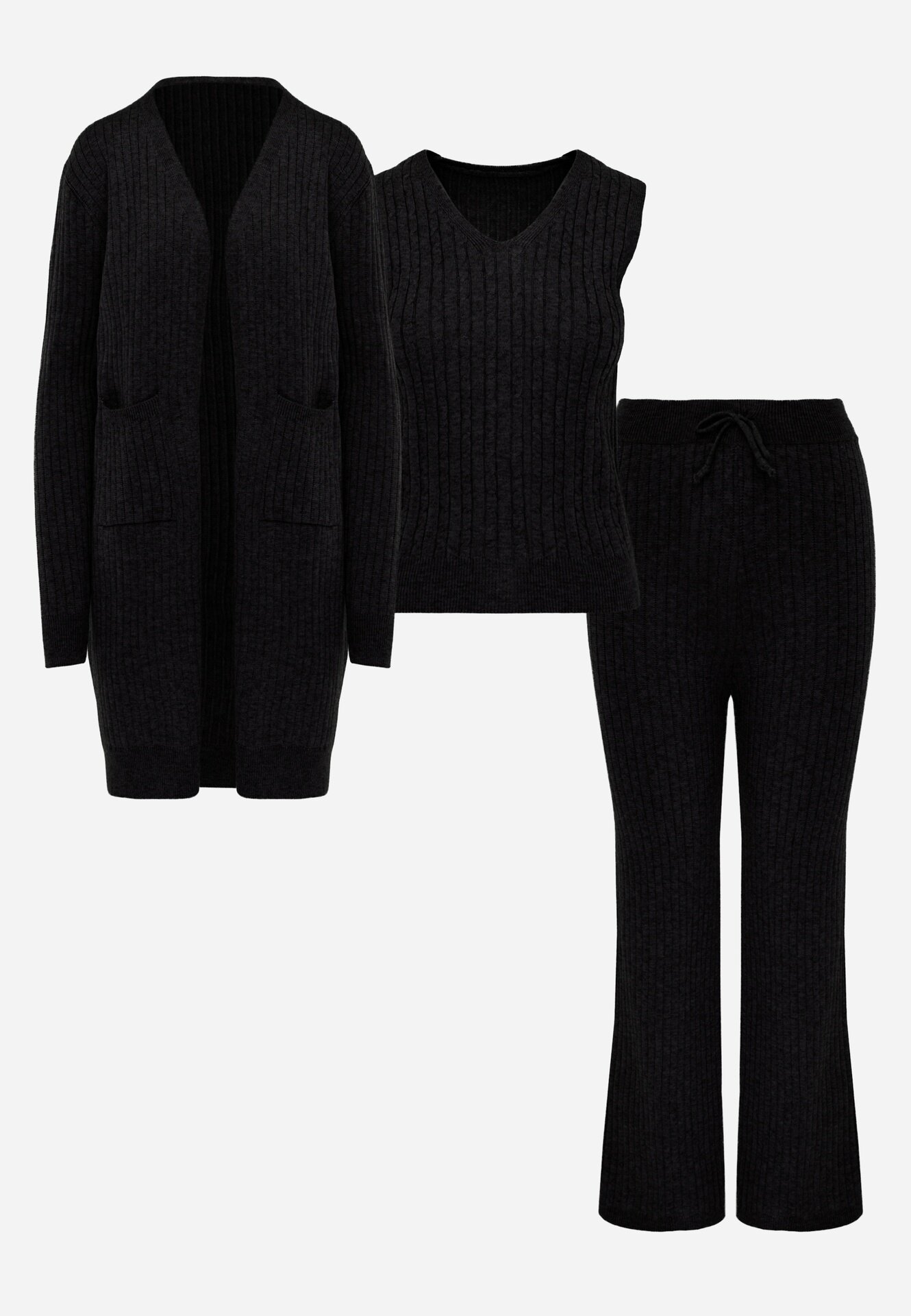 j&x Compleu din 3 piese din tricot cu bumbac: vestă cardigan și pantaloni Nordelia Negru