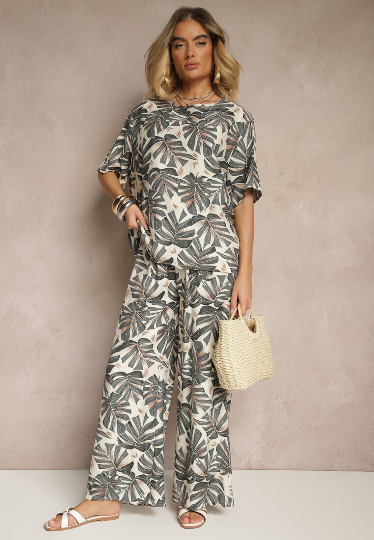 j&x Compleu Gri din Viscoză Decorat cu Imprimeu Floral Tricou și Pantaloni Largi Evialena