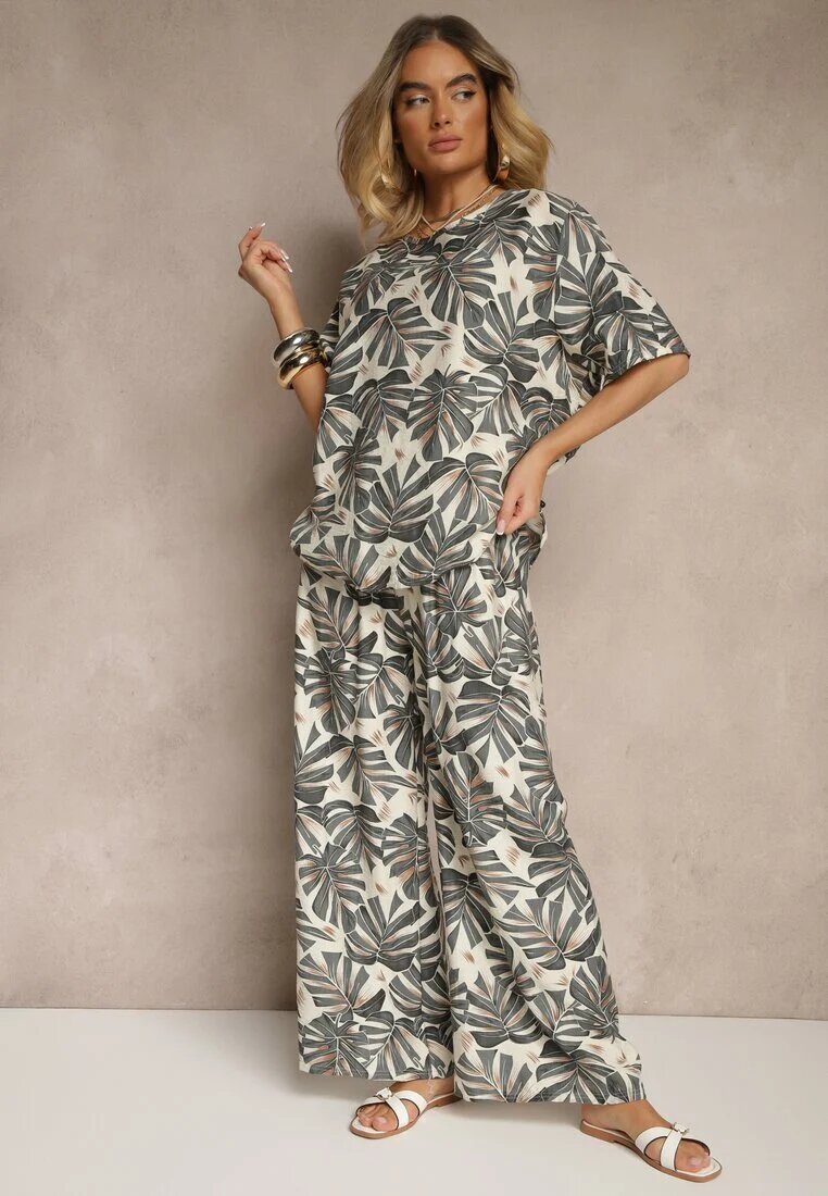 j&x Compleu Gri din Viscoză Decorat cu Imprimeu Floral Tricou și Pantaloni Largi Evialena