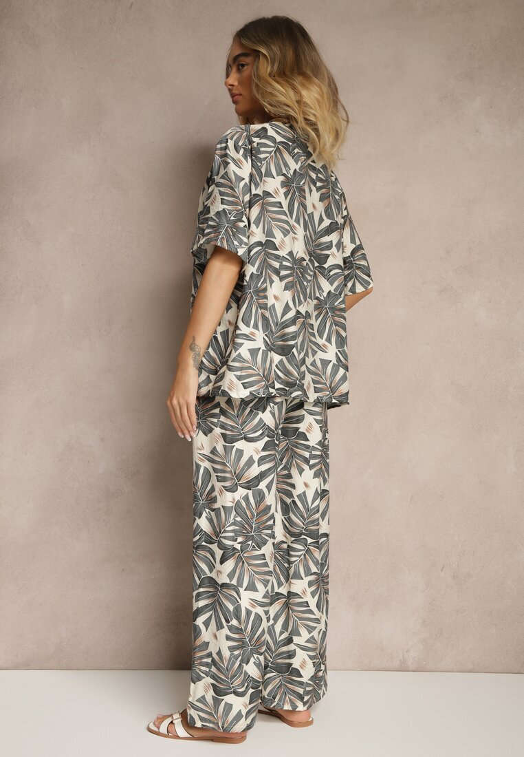 j&x Compleu Gri din Viscoză Decorat cu Imprimeu Floral Tricou și Pantaloni Largi Evialena