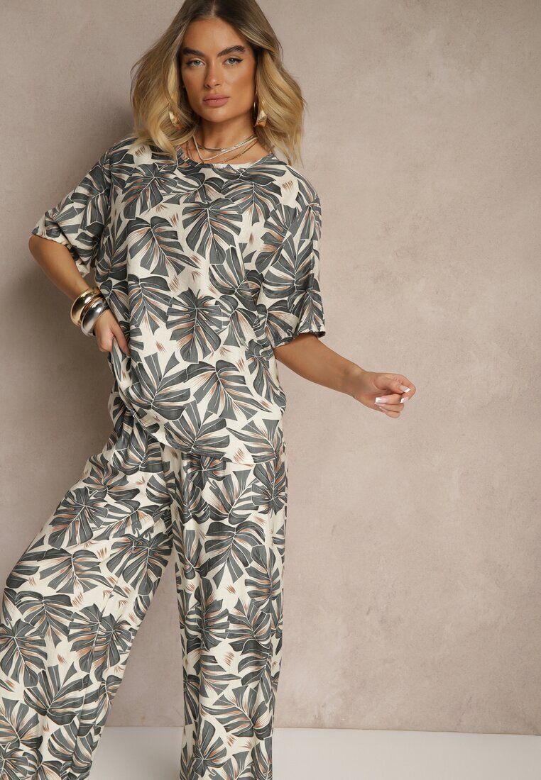 j&x Compleu Gri din Viscoză Decorat cu Imprimeu Floral Tricou și Pantaloni Largi Evialena