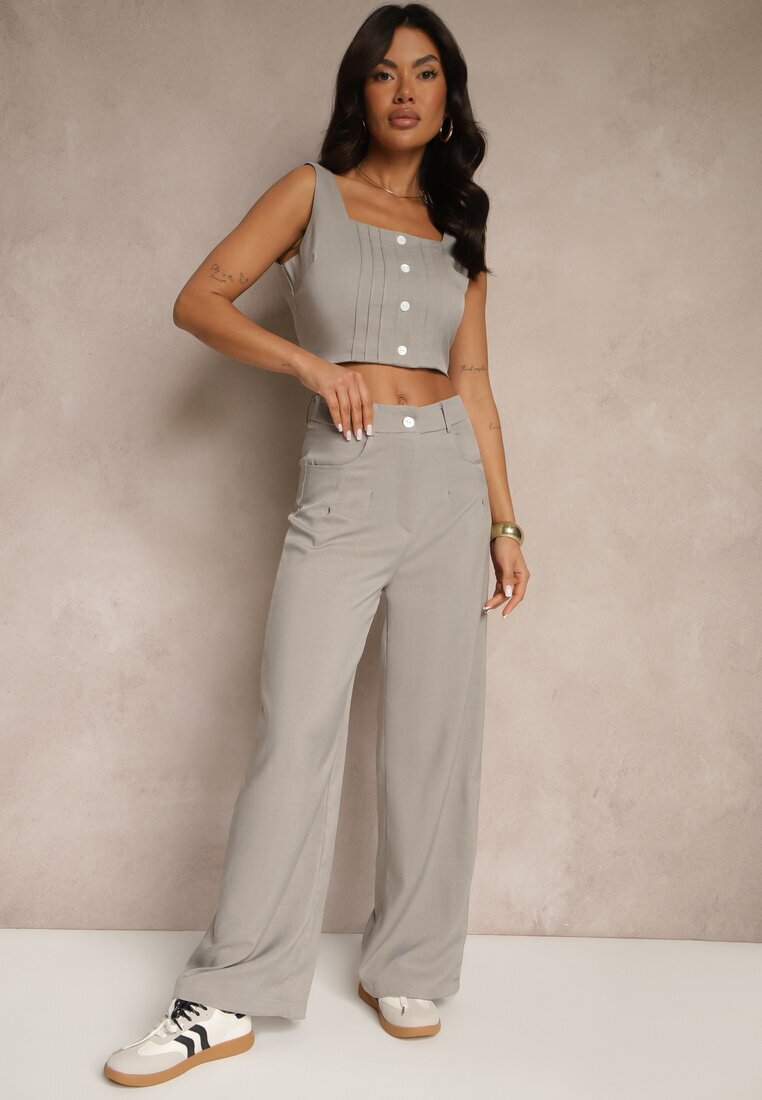 j&x Compleu Gri Top Decorat cu Nasturi și Pantaloni cu Croială Largă Liracelle