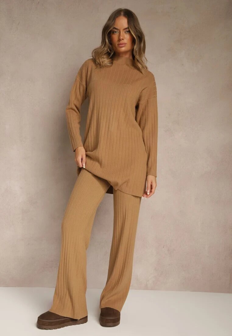 j&x Compleu Maro Reiat cu Bumbac Pulover Oversize și Pantaloni Largi Wedorena