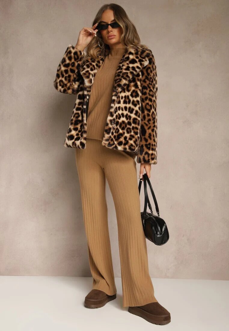 j&x Compleu Maro Reiat cu Bumbac Pulover Oversize și Pantaloni Largi Wedorena
