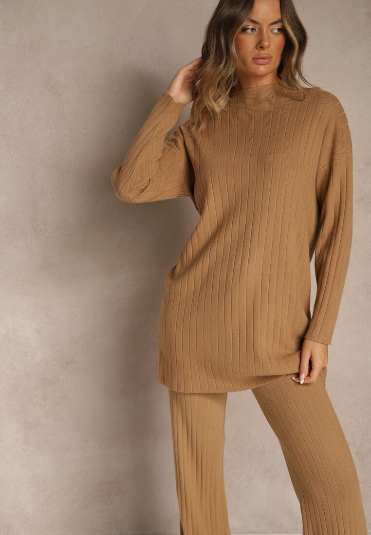 j&x Compleu Maro Reiat cu Bumbac Pulover Oversize și Pantaloni Largi Wedorena
