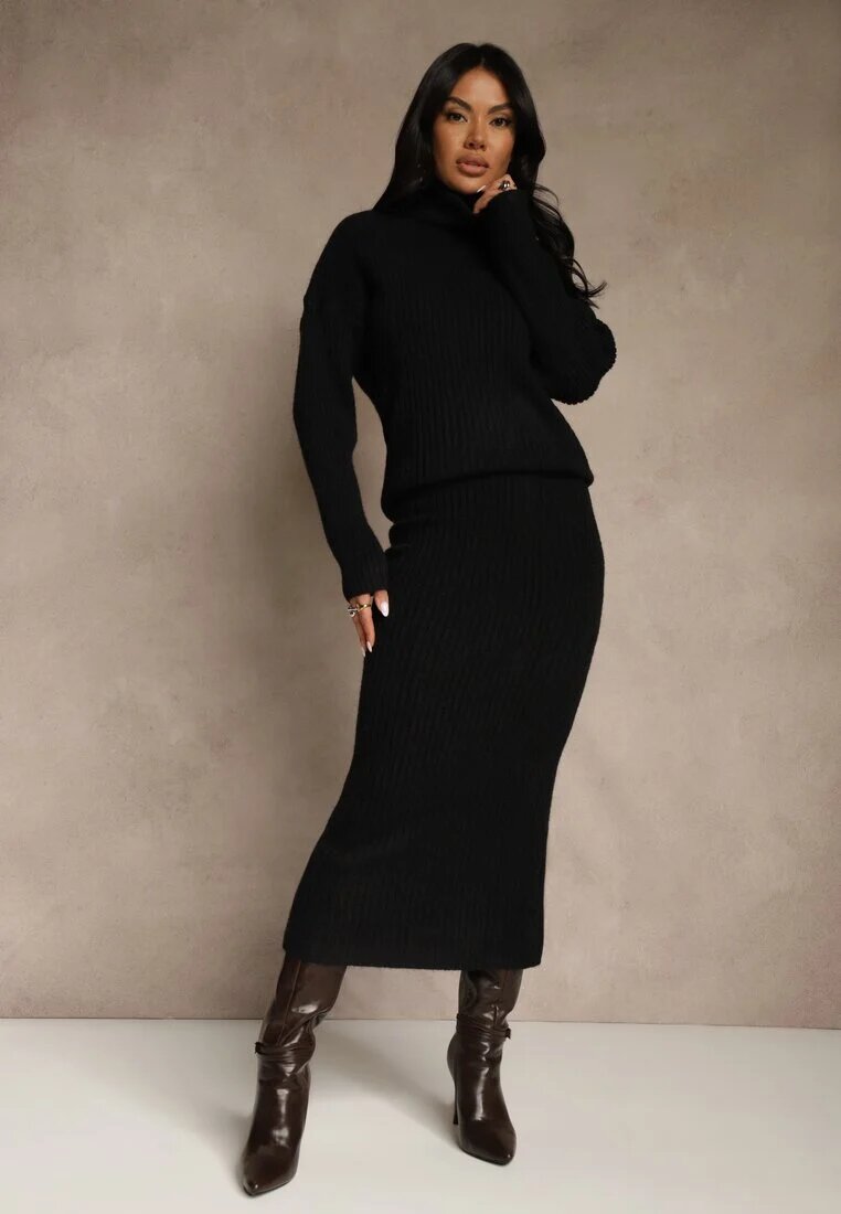 j&x Compleu Negru din Tricot cu Lână reiat Maletă și Fustă Creion Falirea