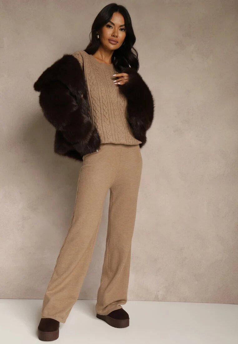 j&x Compleu tricotat bej închis cu lână cu model torsadat pantaloni și pulover Reinette