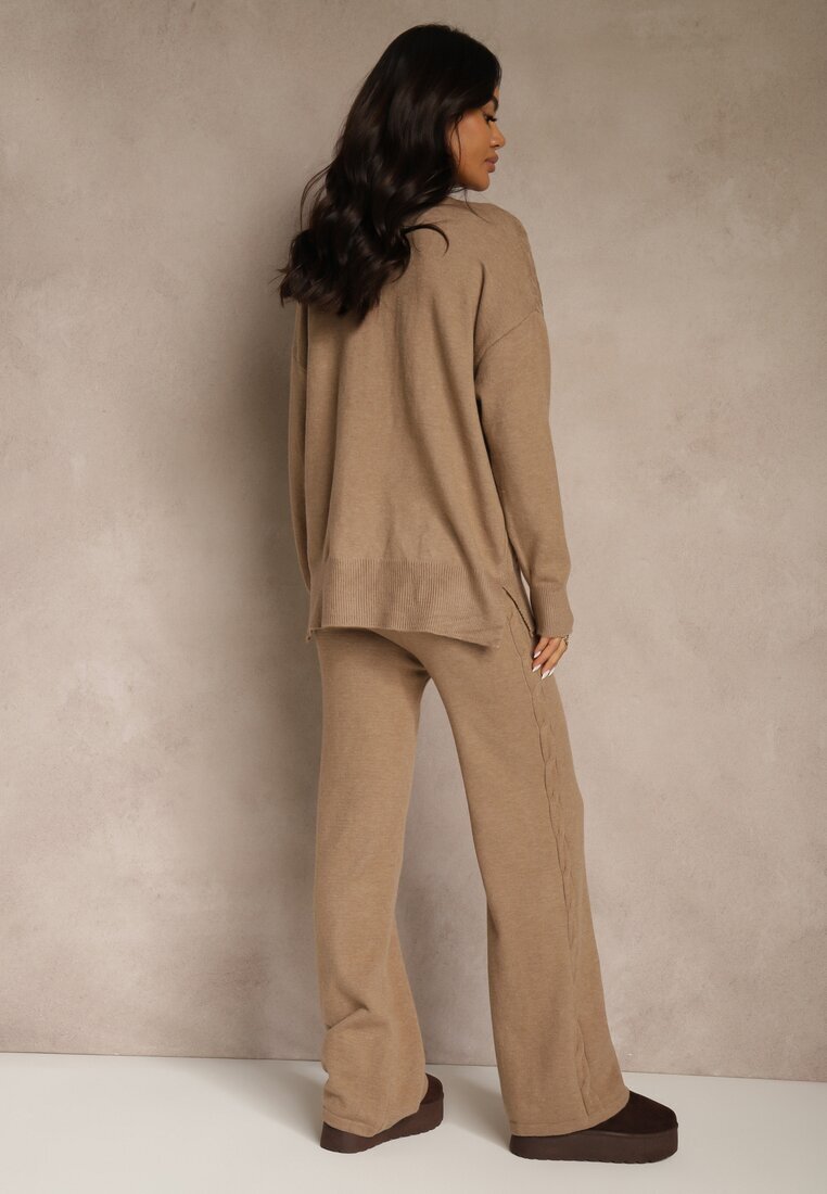 j&x Compleu tricotat bej închis cu lână cu model torsadat pantaloni și pulover Reinette