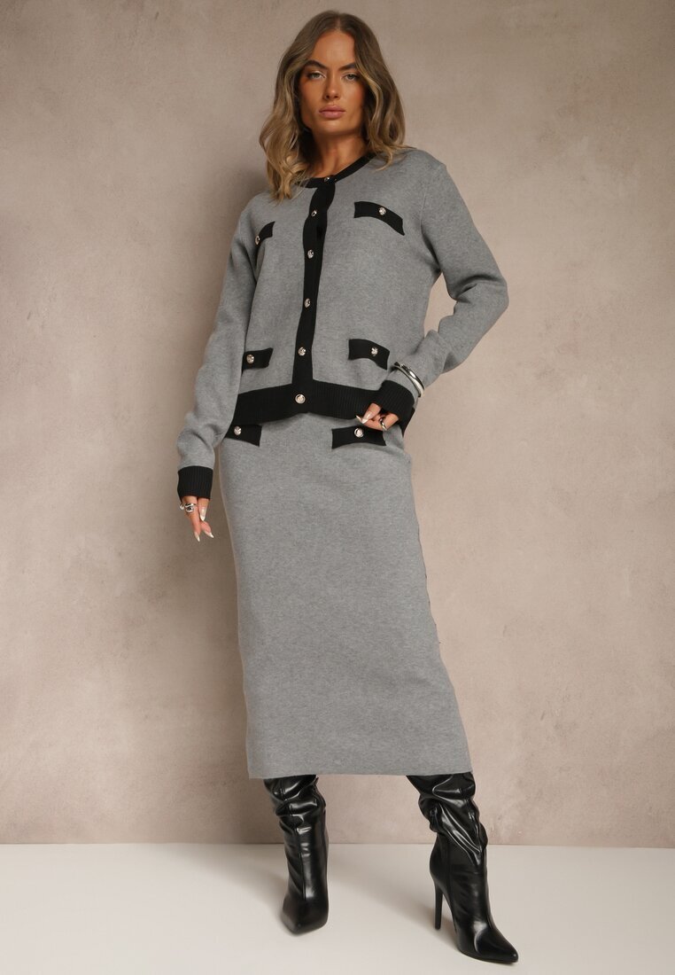 j&x Compleu tricotat Negru-Gri cu Bumbac Cardigan și Fustă Derrive