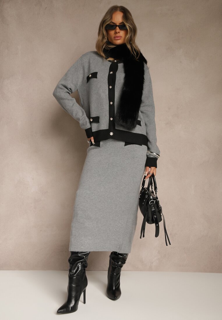 j&x Compleu tricotat Negru-Gri cu Bumbac Cardigan și Fustă Derrive