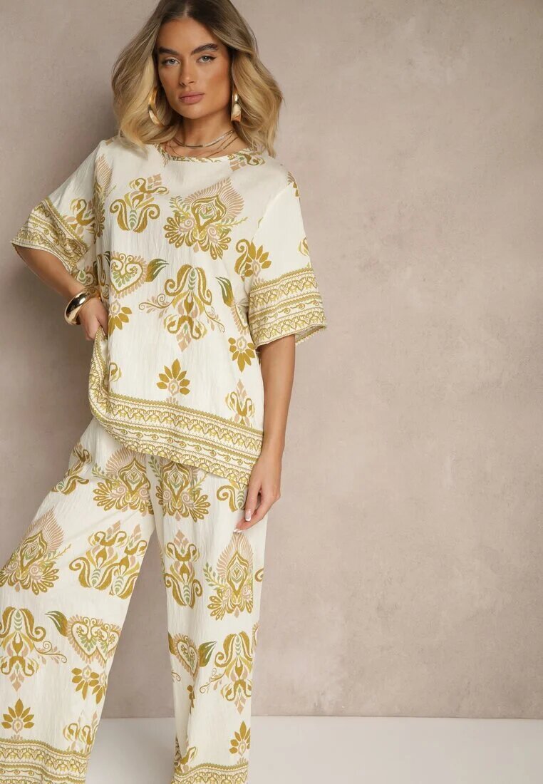j&x Compleu Vâscoză Galben cu Imprimeu Oriental Pantaloni Largi și Tricou Pollialia