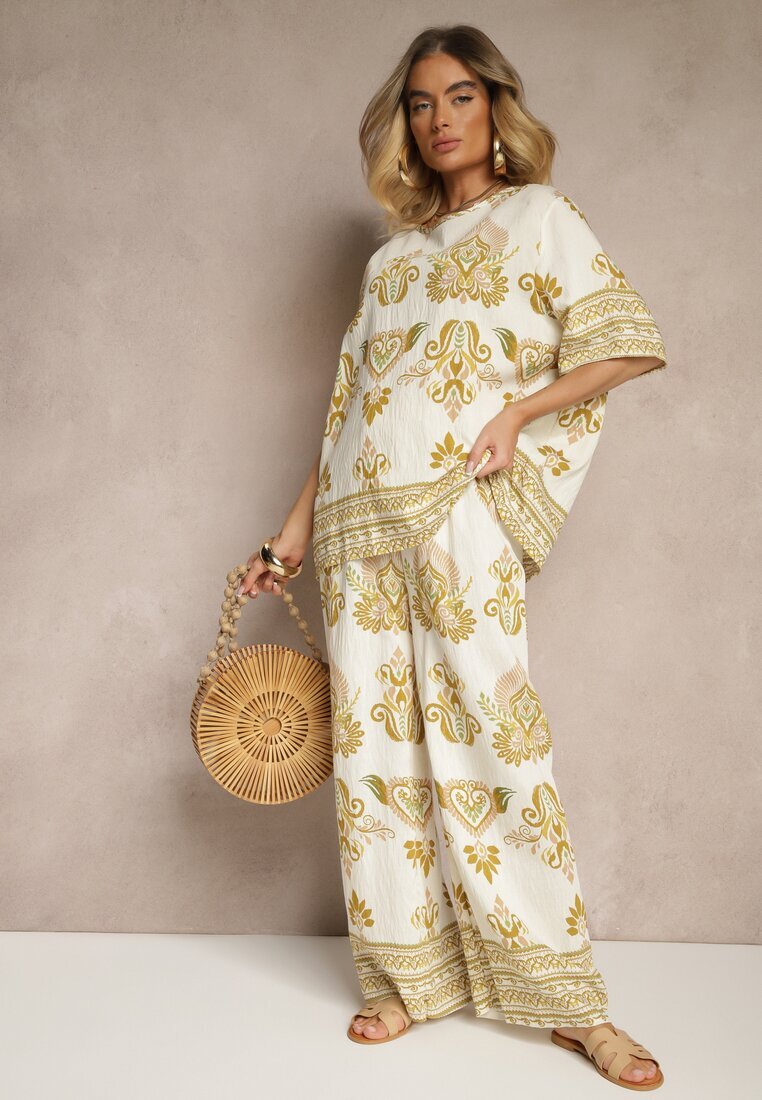 j&x Compleu Vâscoză Galben cu Imprimeu Oriental Pantaloni Largi și Tricou Pollialia