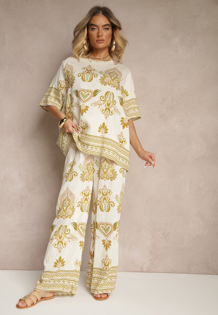j&x Compleu Vâscoză Galben cu Imprimeu Oriental Pantaloni Largi și Tricou Pollialia