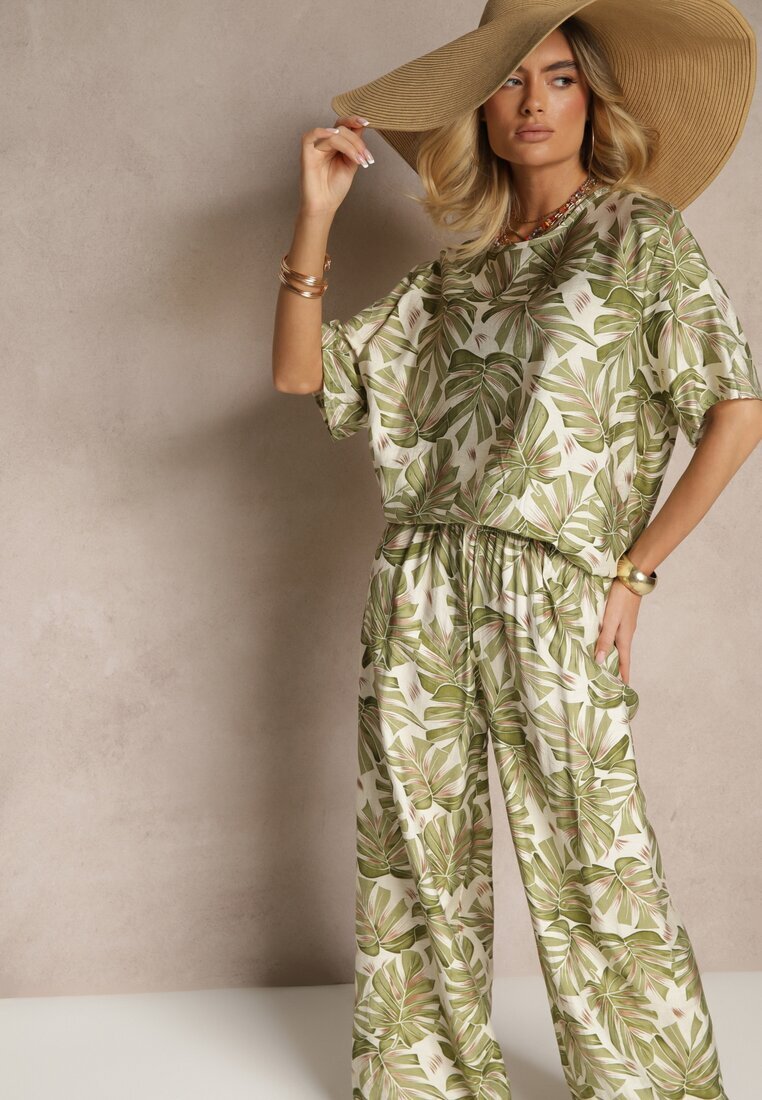 j&x Compleu Verde închis din Viscoză Decorat cu Imprimeu Floral Tricou și Pantaloni Largi Evialena