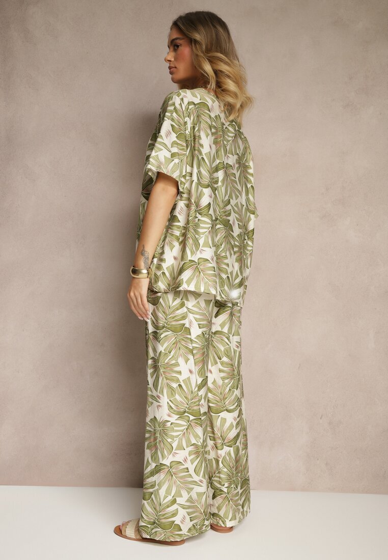 j&x Compleu Verde închis din Viscoză Decorat cu Imprimeu Floral Tricou și Pantaloni Largi Evialena