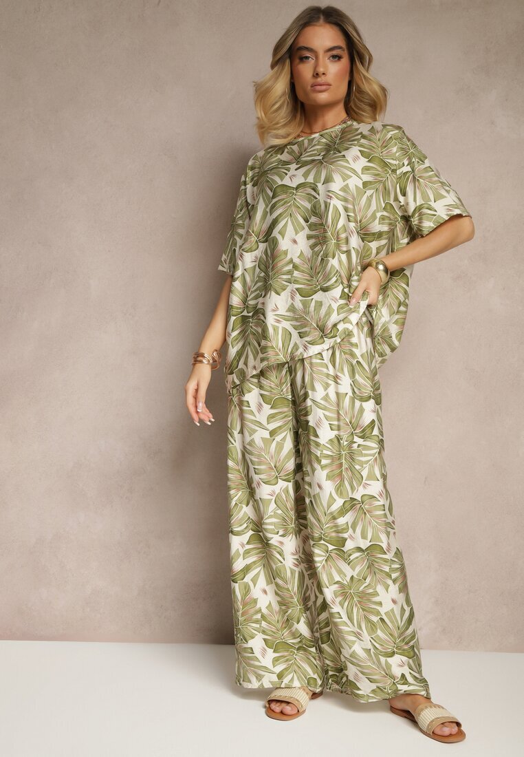 j&x Compleu Verde închis din Viscoză Decorat cu Imprimeu Floral Tricou și Pantaloni Largi Evialena