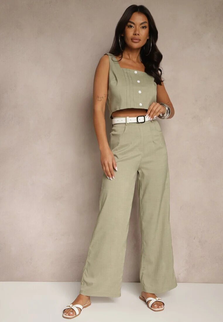 j&x Compleu Verde Top Ornat cu Nasturi și Pantaloni cu Croială Largă Liracelle