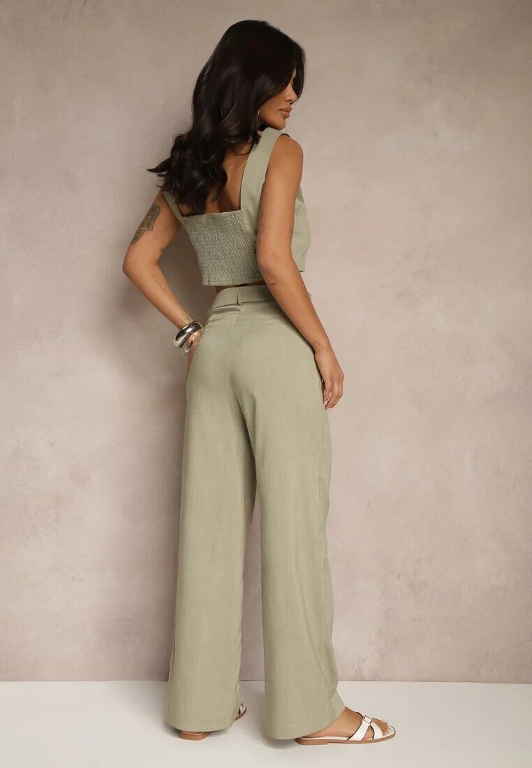 j&x Compleu Verde Top Ornat cu Nasturi și Pantaloni cu Croială Largă Liracelle