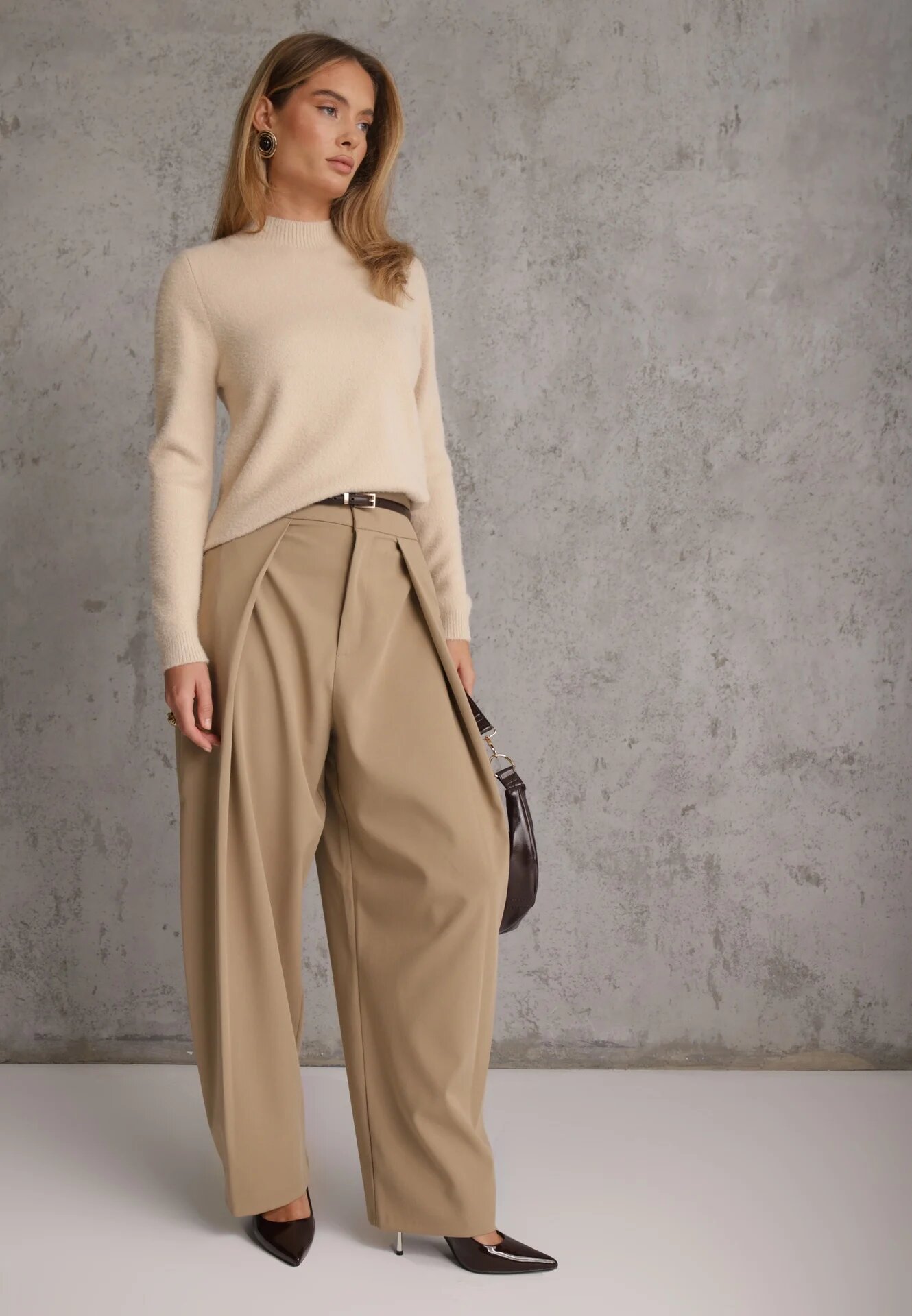 j&x Cu guler înalt cu lână decorat cu manșete striate în stil casual Katlina Bej