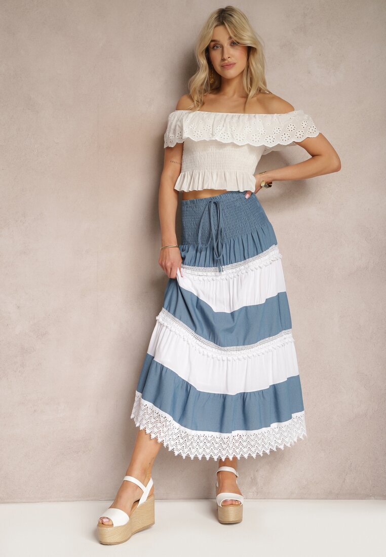j&x Fustă Alb-albastră din bumbac în stil Boho cu elastic și șnur în talie Uvinia