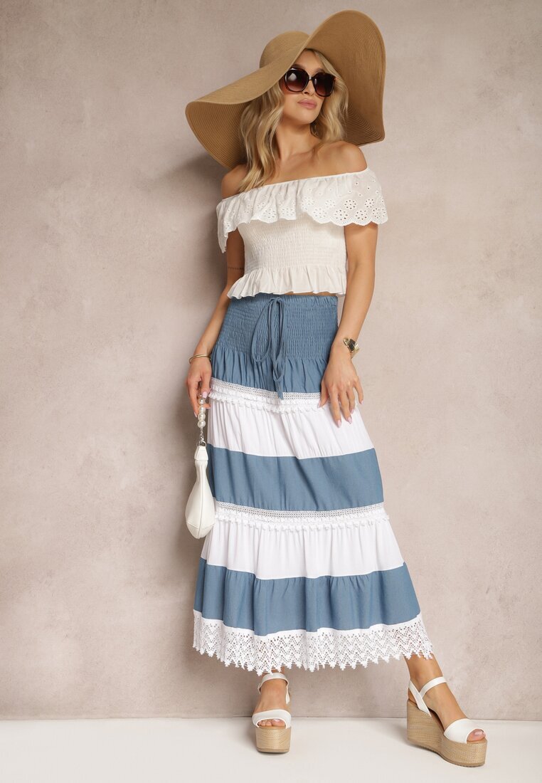 j&x Fustă Alb-albastră din bumbac în stil Boho cu elastic și șnur în talie Uvinia