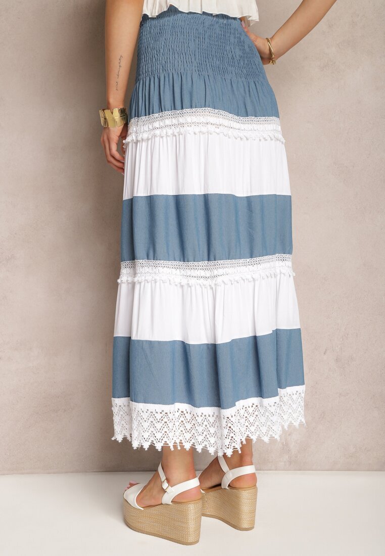 j&x Fustă Alb-albastră din bumbac în stil Boho cu elastic și șnur în talie Uvinia