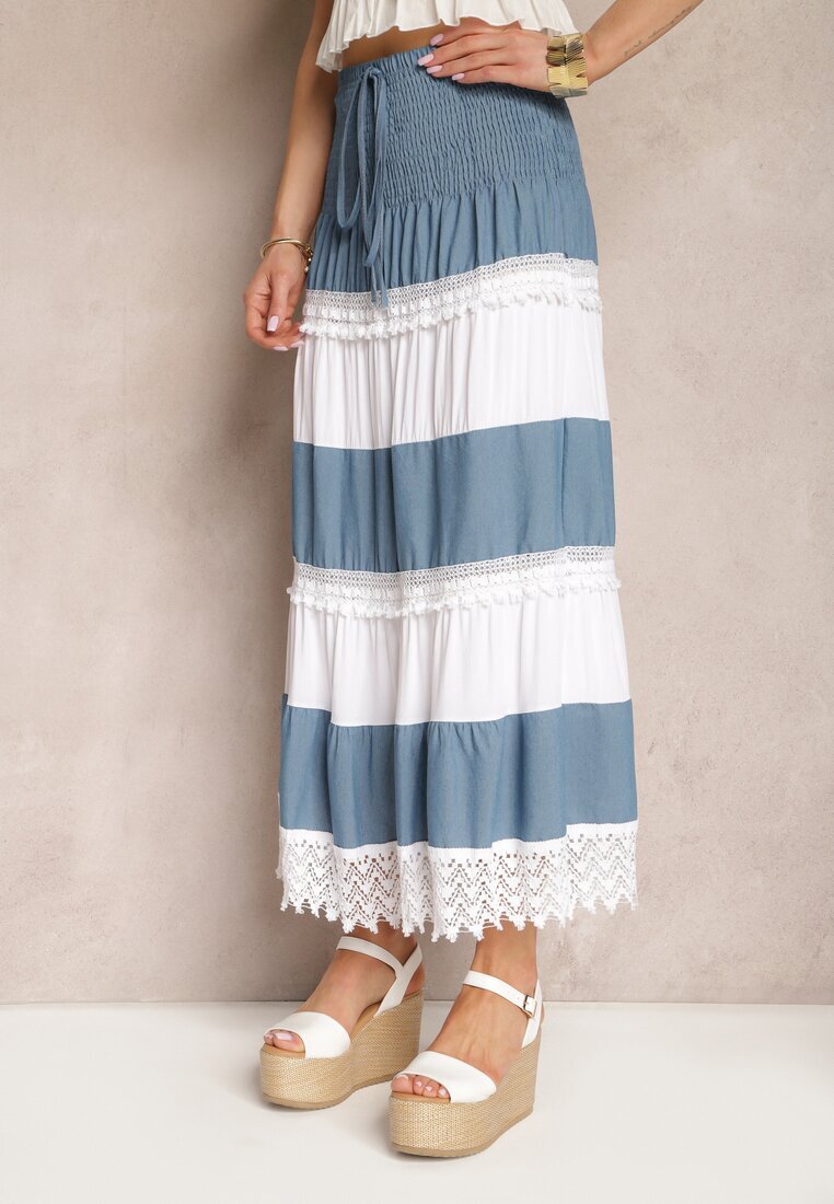j&x Fustă Alb-albastră din bumbac în stil Boho cu elastic și șnur în talie Uvinia