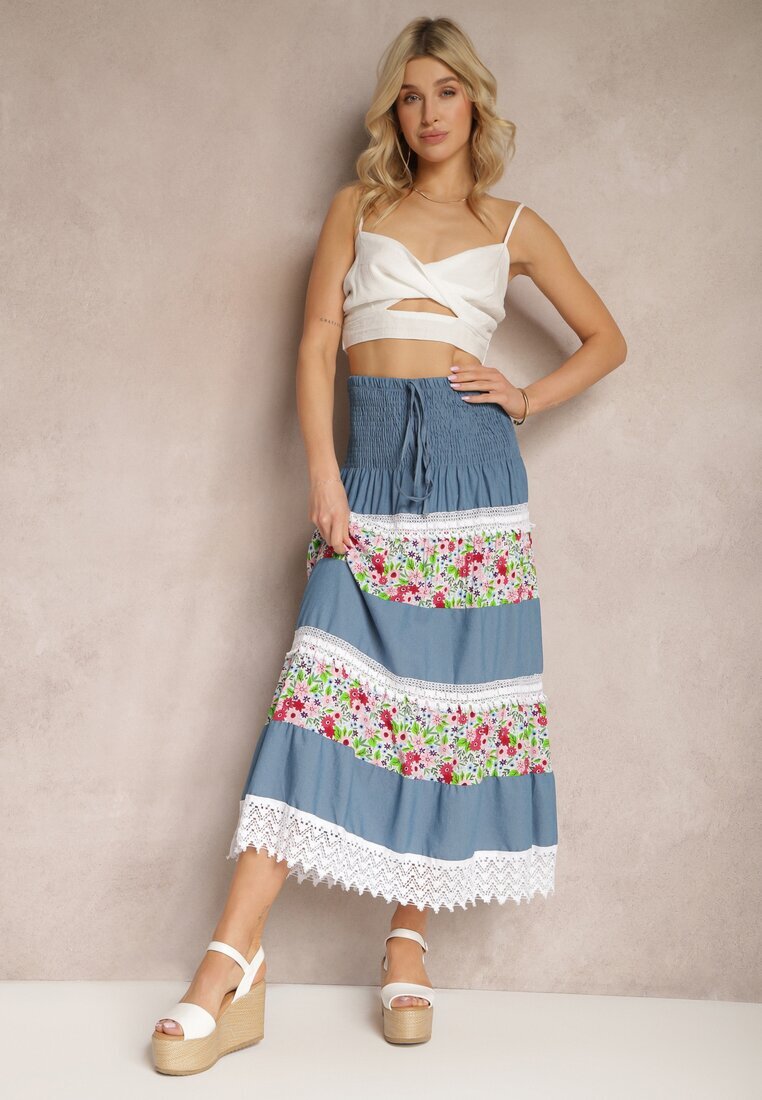 j&x Fustă Alb-Albastră din denim și bumbac cu talie înaltă cu elastic în talie și dantelă decorativă Tesaquin