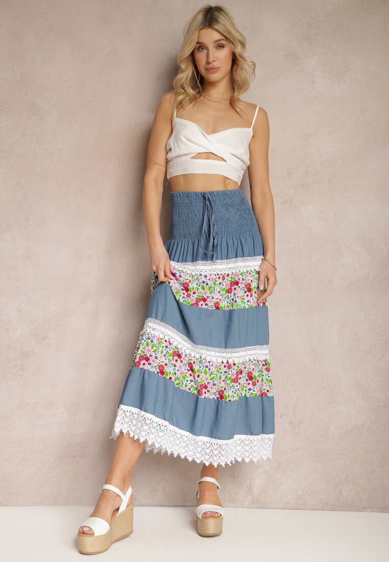 j&x Fustă Alb-Albastră din denim și bumbac cu talie înaltă cu elastic în talie și dantelă decorativă Tesaquin