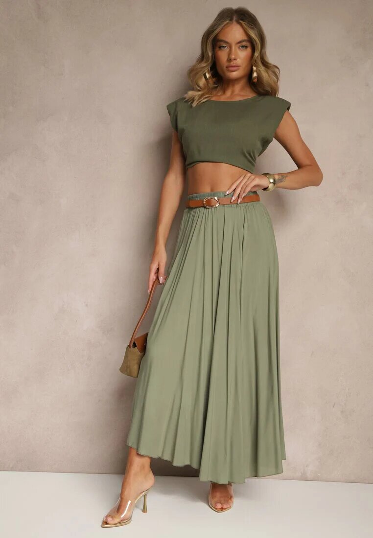 j&x Fustă Verde cu Croială Cloș din Viscoză Lunafina