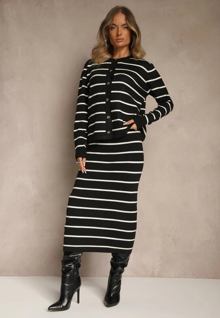j&x Komplet Negru din Viscoză Fustă și Bluză cu nasturi Decorate cu benzi Forrive
