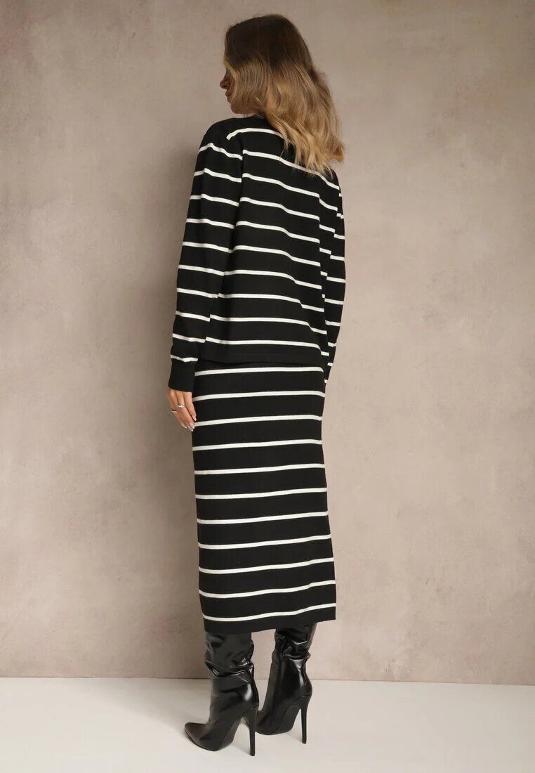 j&x Komplet Negru din Viscoză Fustă și Bluză cu nasturi Decorate cu benzi Forrive